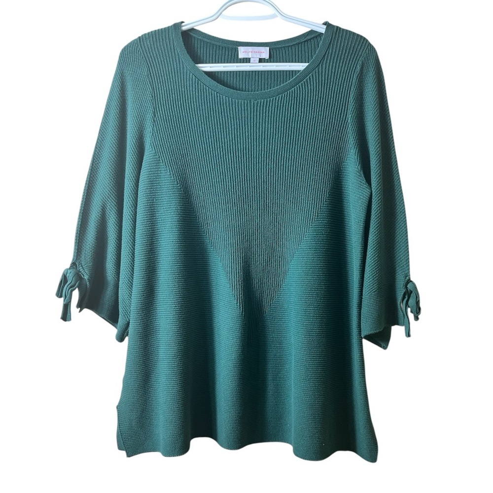MOLLY ISADORA Ribbed Knit Sweater 1X Green Textured Top w/ Tie Sleeve Boho Chic‎